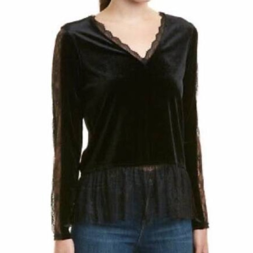 Allison NY | Velvet Lace Long Sleeve V-Neck Peplum Dark Academia Blouse - Picture 1 of 14